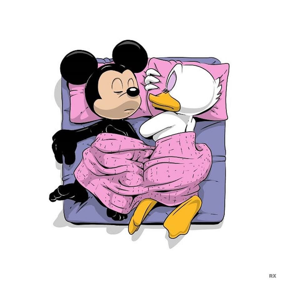 Mickey, daisy, lit,rx strip, humour noir, illustration