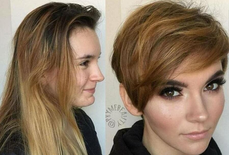 femme, coupe courte, avant après