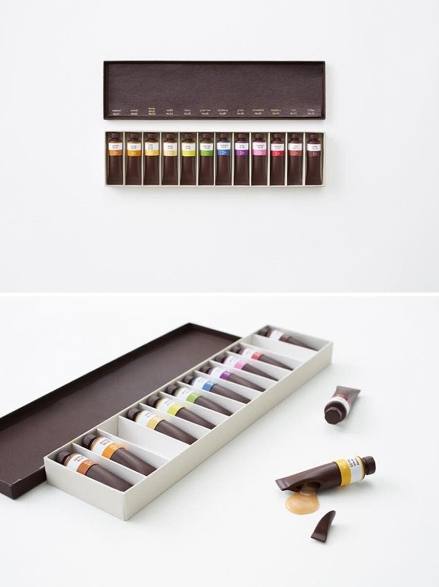 chocolats, peinture, tubes