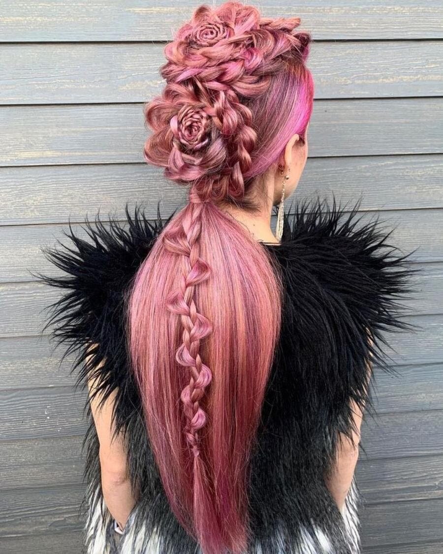 rose, roses, cheveux, coiffure, coiffés, queue de cheval