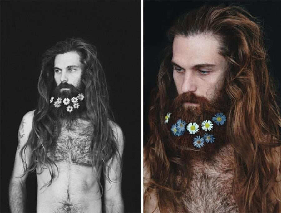 cheveux, longs, barbes, fleurie, homme, fleurs, floral, naturel