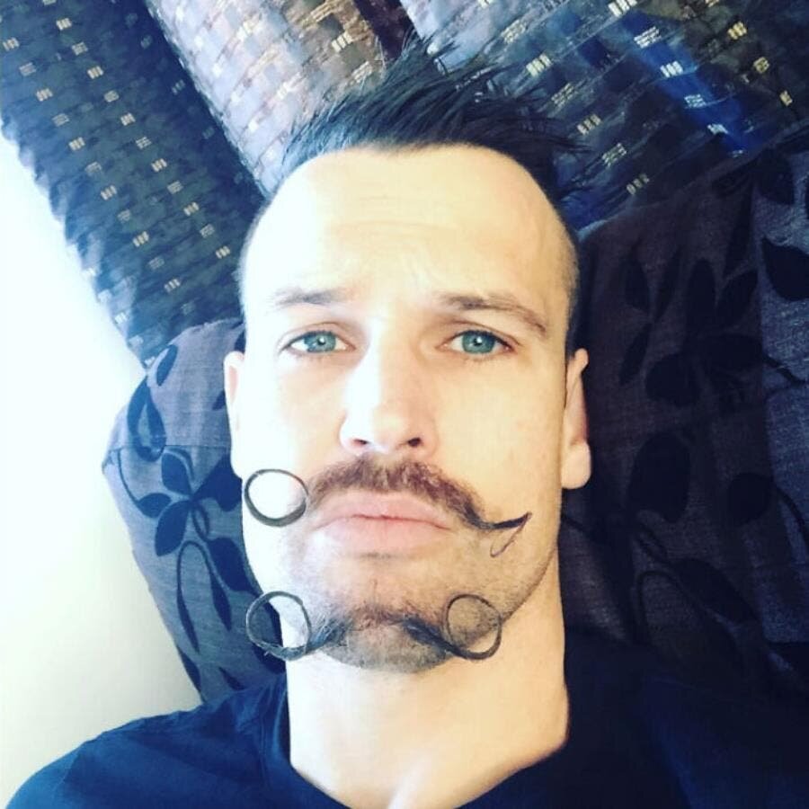 gel, double-moustache, homme, drole