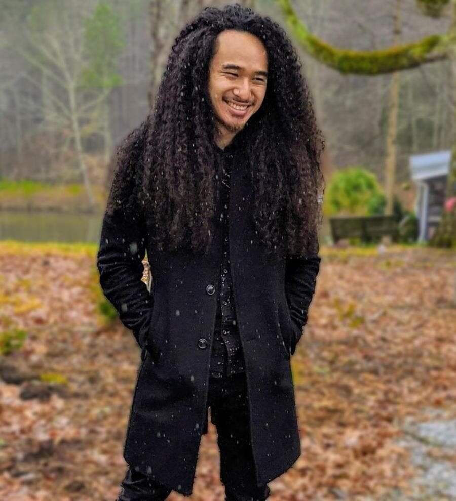 boucle, froid, neige, sourire, homme, heureux, cheveux, long