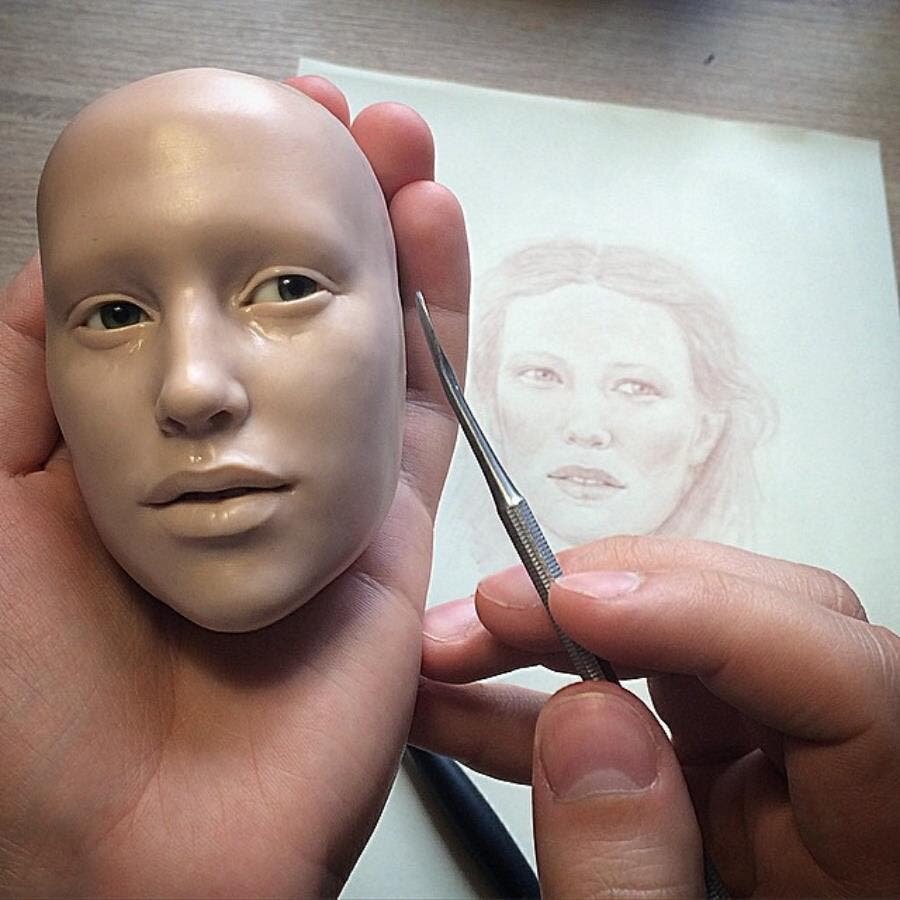 visage, poupée, réaliste, sculpter