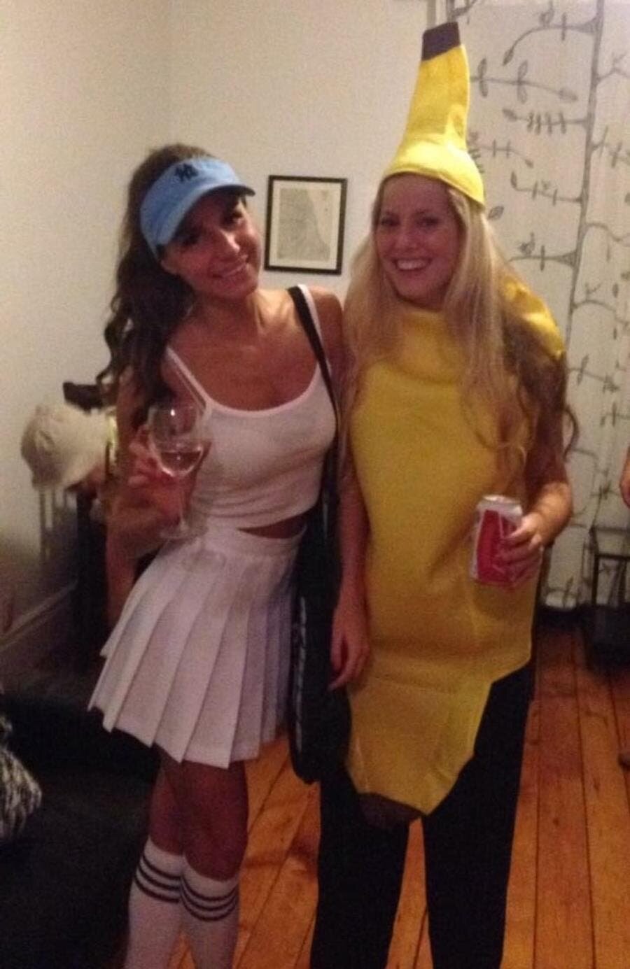 champion, tennis, joueuse, mignonne, femme, banane, costume