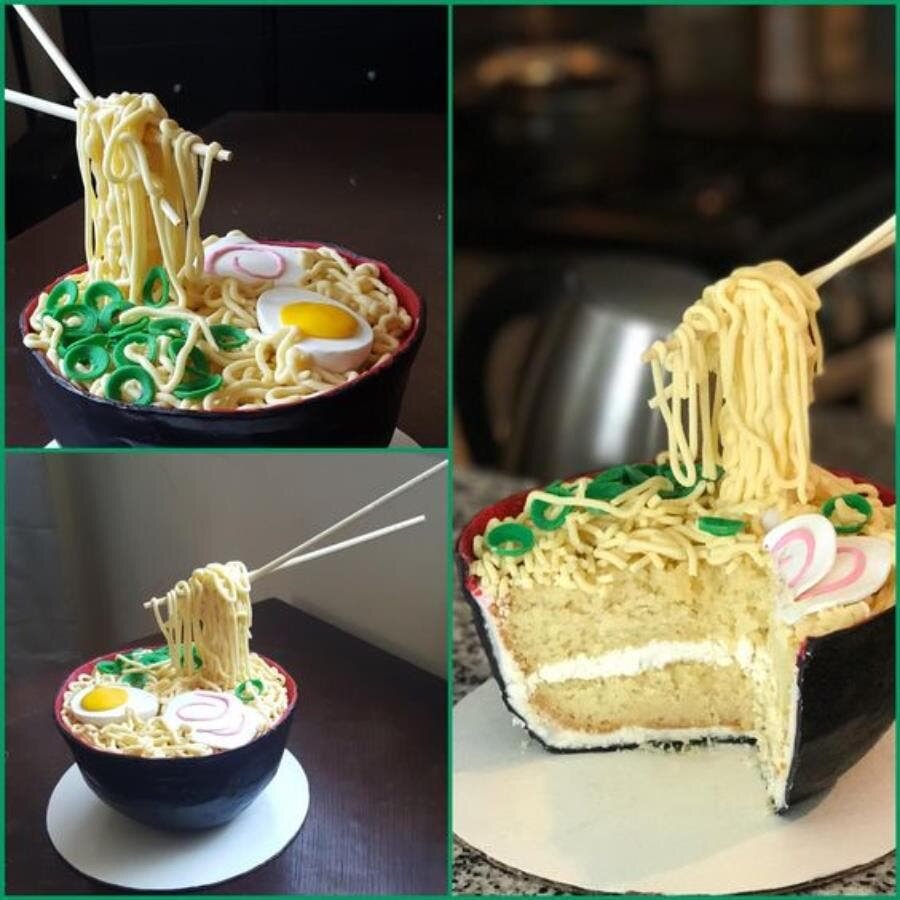 ramen, bol, nouilles, baguette, gâteau