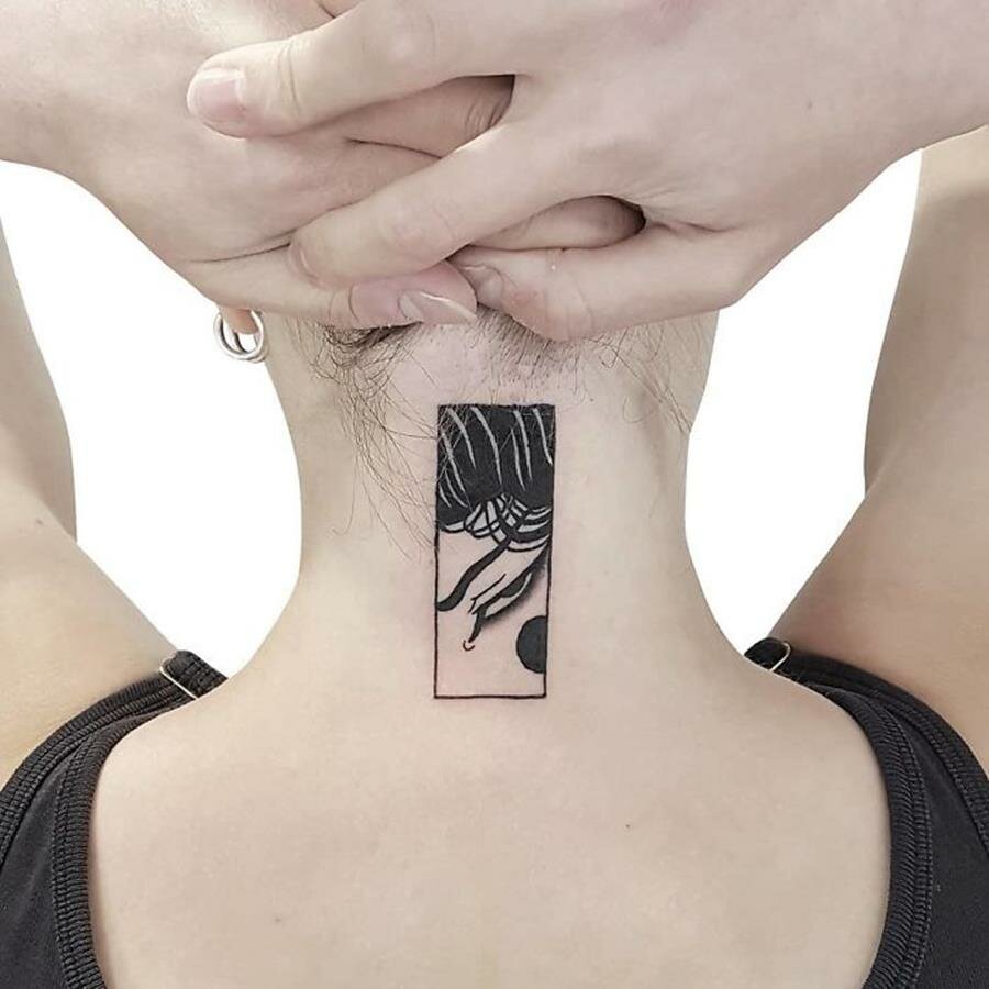 tatouage, cou, rectangle