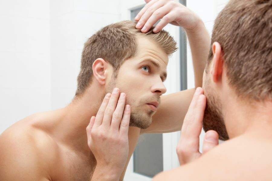 homme, cheveux, miroir