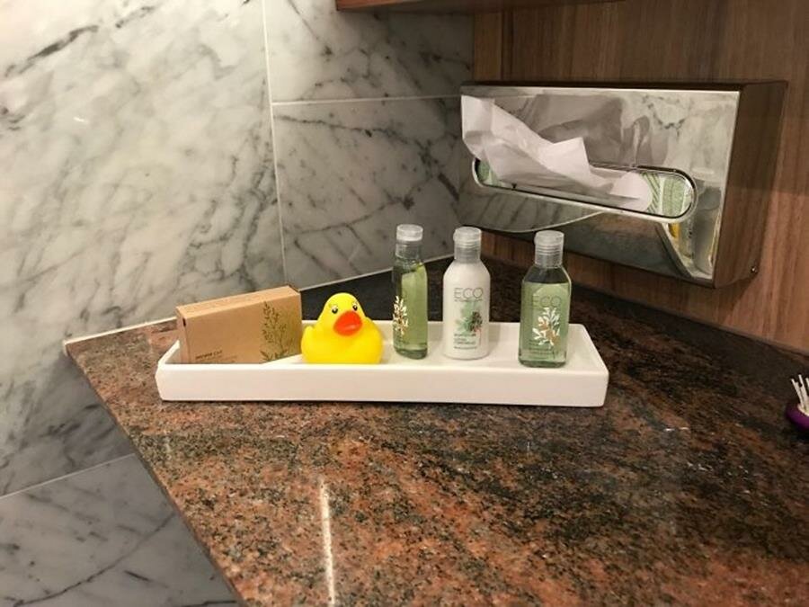 canard en plastique, gel douche, hôtel