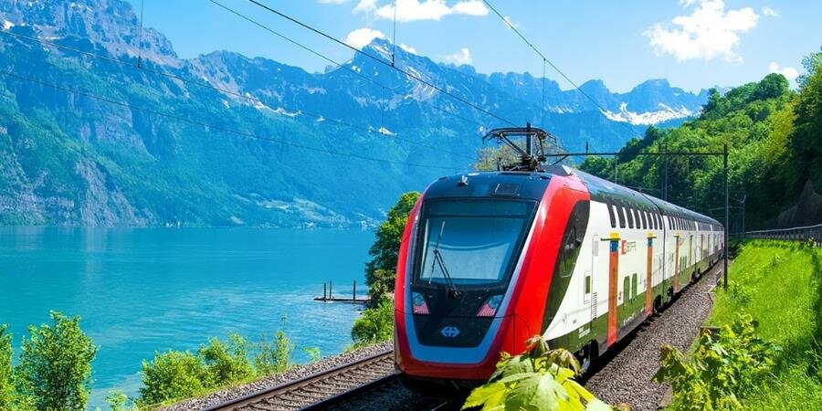 train, montagnes, lac