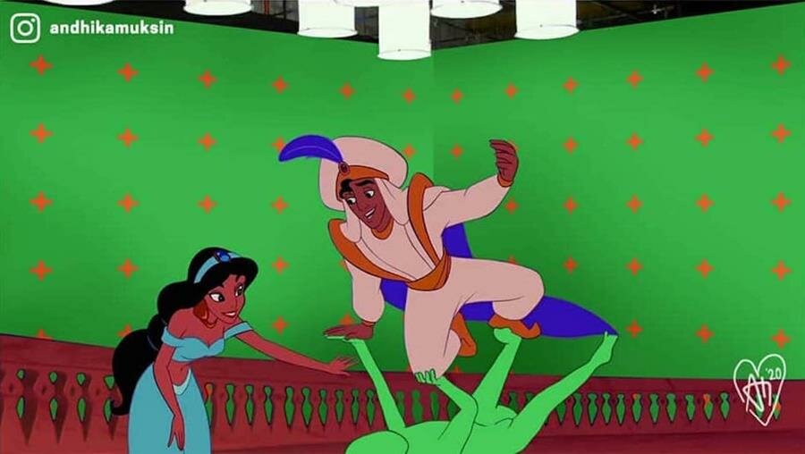 illustration, tournage, scÃ¨ne culte, disney, aladdin