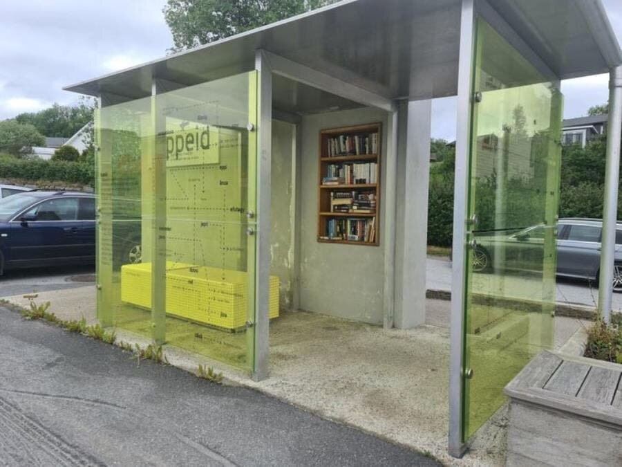 bibliothèque, bus, attente, livres, jaune, paroi, abris