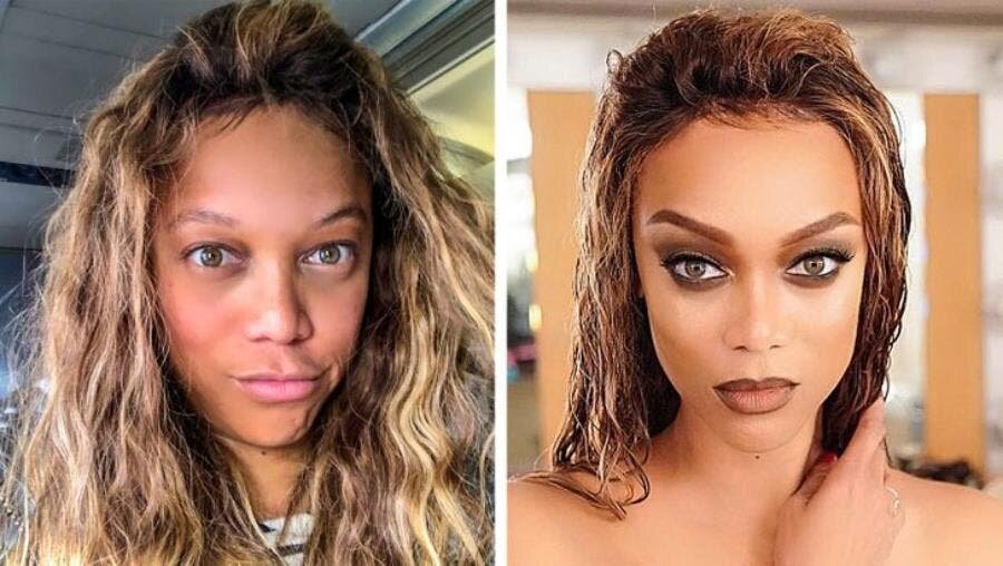 Tyra Banks, maquillage, sans, comparaison, visage, 