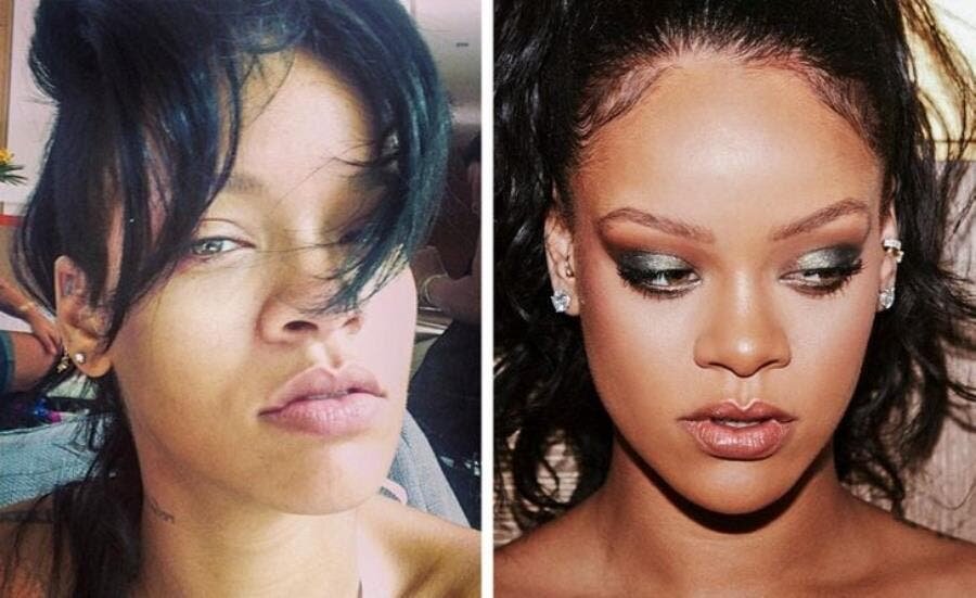 Rihanna, maquillage, sans, comparaison, visage, 