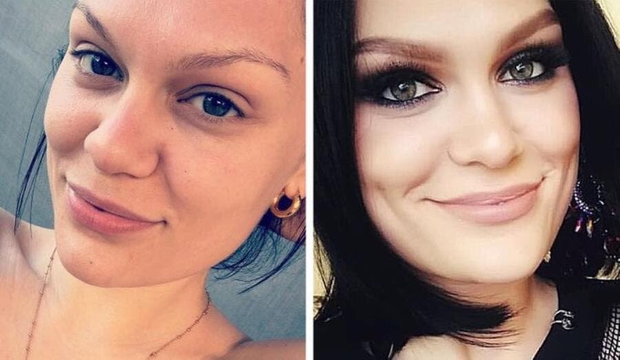 Jessie J, maquillage, sans, comparaison, visage